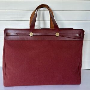 Hermes 40 cm Cabas Herbag canvas/toile in burgundy color tote leather handles